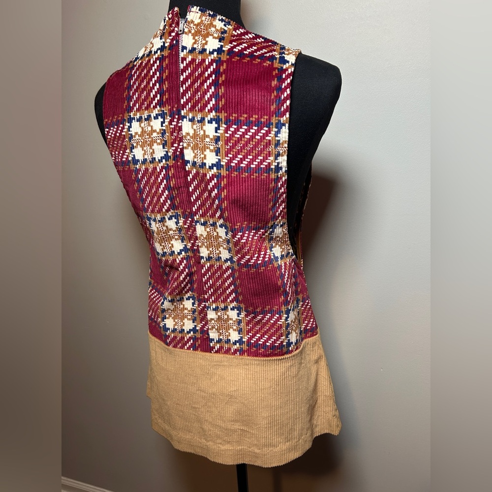 Vintage 70s Plaid Corduroy Jumper Dress Mod Patchwork Mini Deadstock - Picture 7 of 8